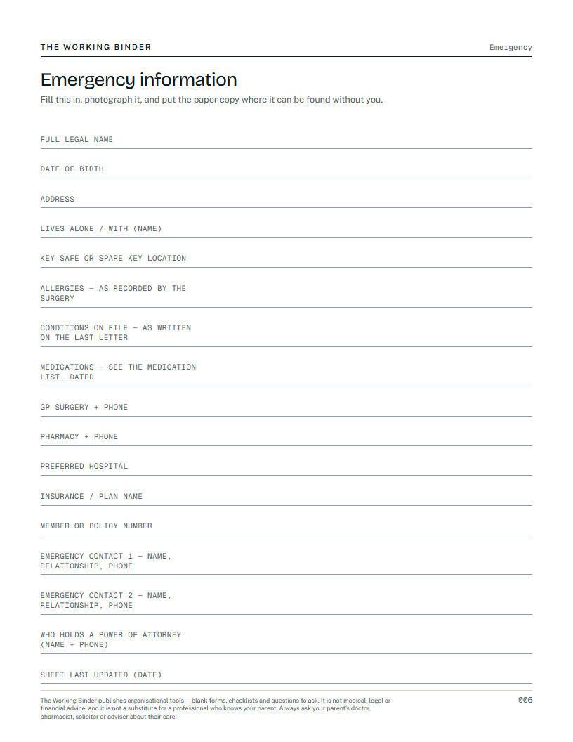 The Caregiver Binder — Emergency information