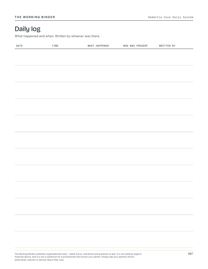 Dementia Care Daily System — Daily log