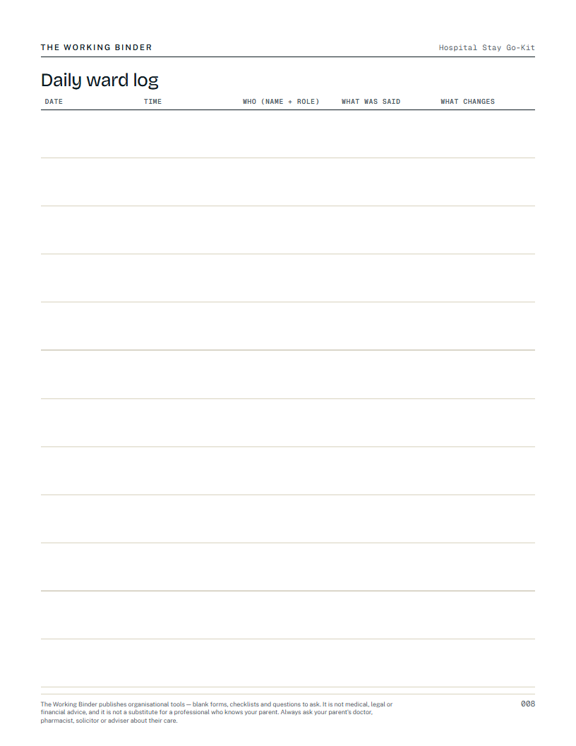 Hospital Stay Go-Kit — Daily ward log