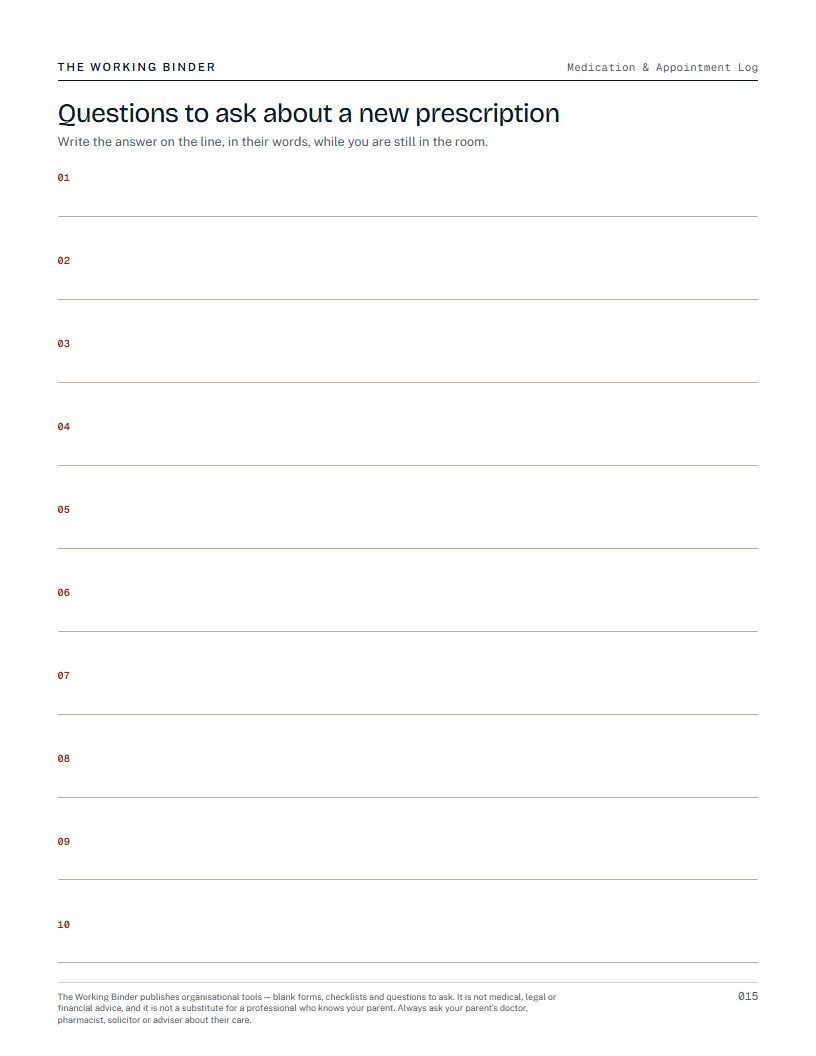 Medication & Appointment Log — Questions to ask about a new prescription