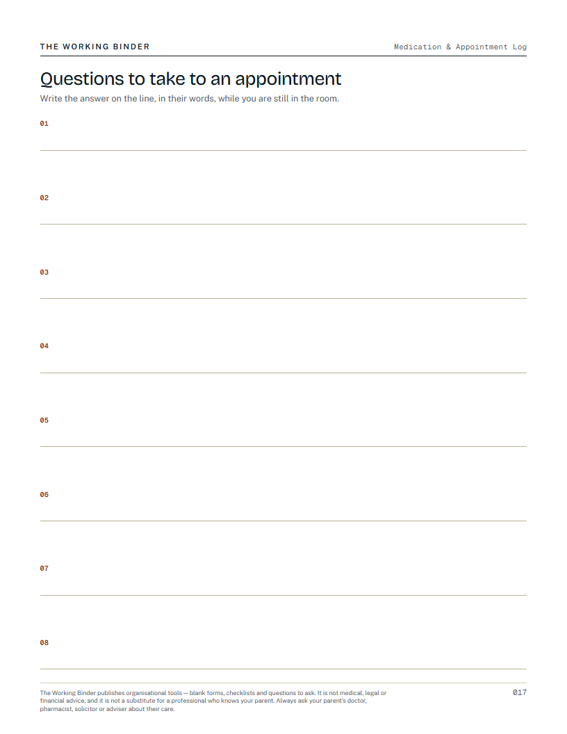 Medication & Appointment Log — Questions to take to an appointment