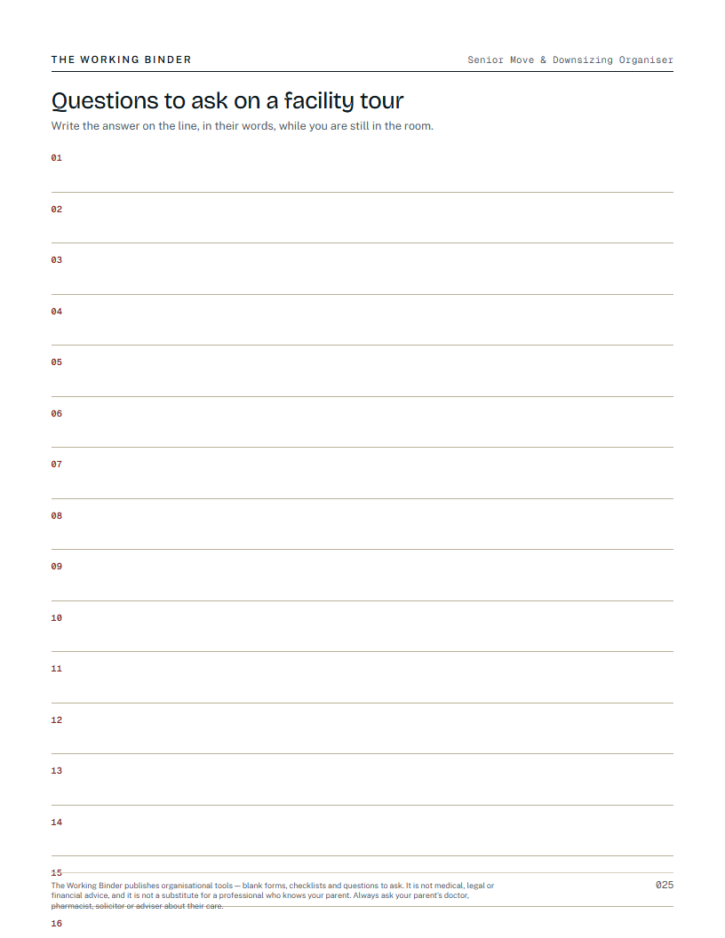 Senior Move & Downsizing Organiser — Questions to ask on a facility tour