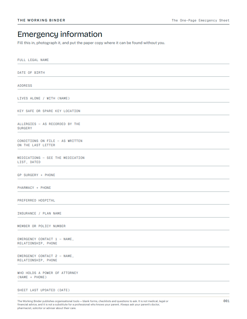 The one-page emergency sheet