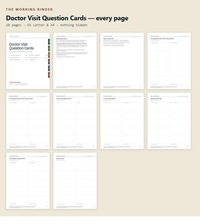 Every page of Doctor Visit Question Cards, shown as thumbnails