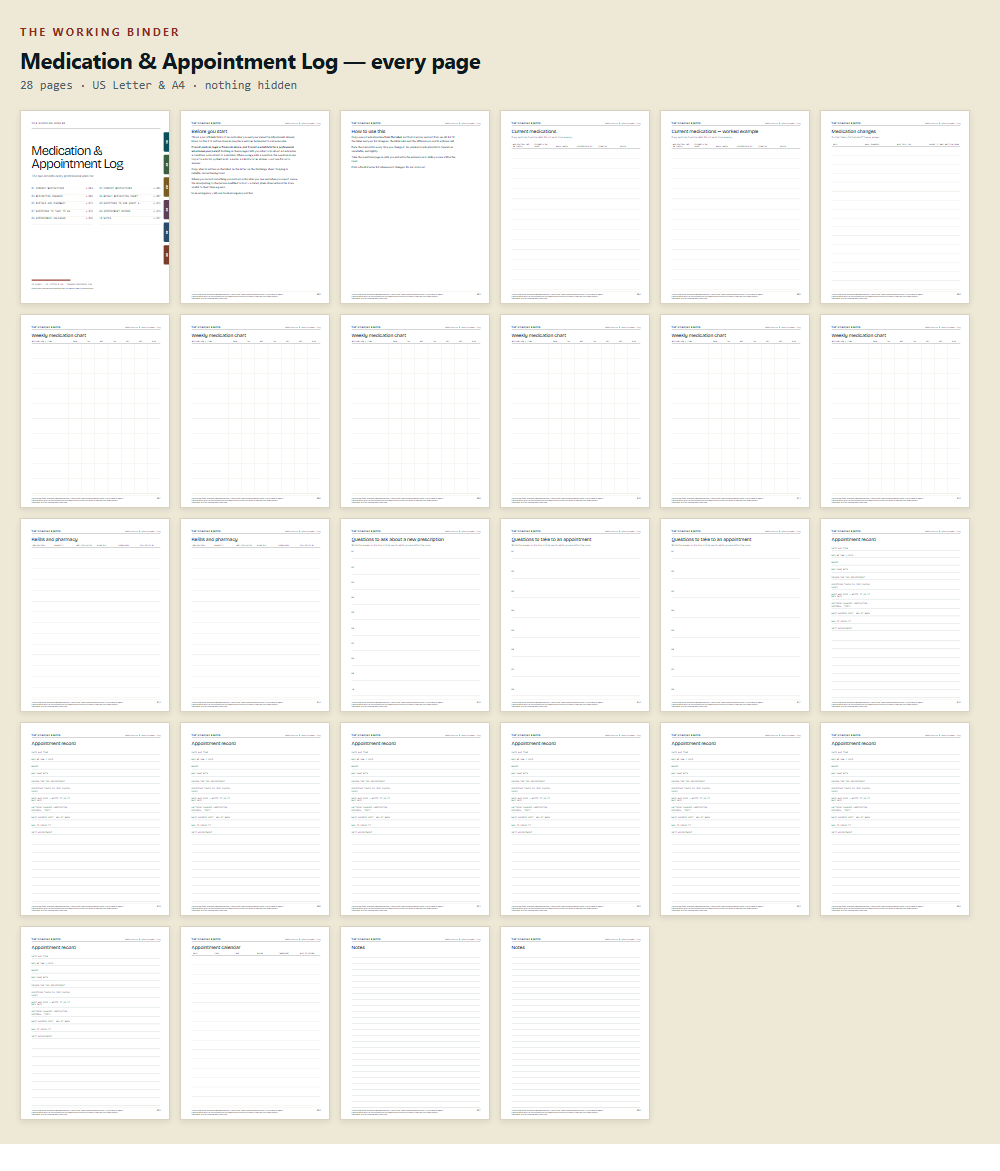 Every page of Medication & Appointment Log, shown as thumbnails