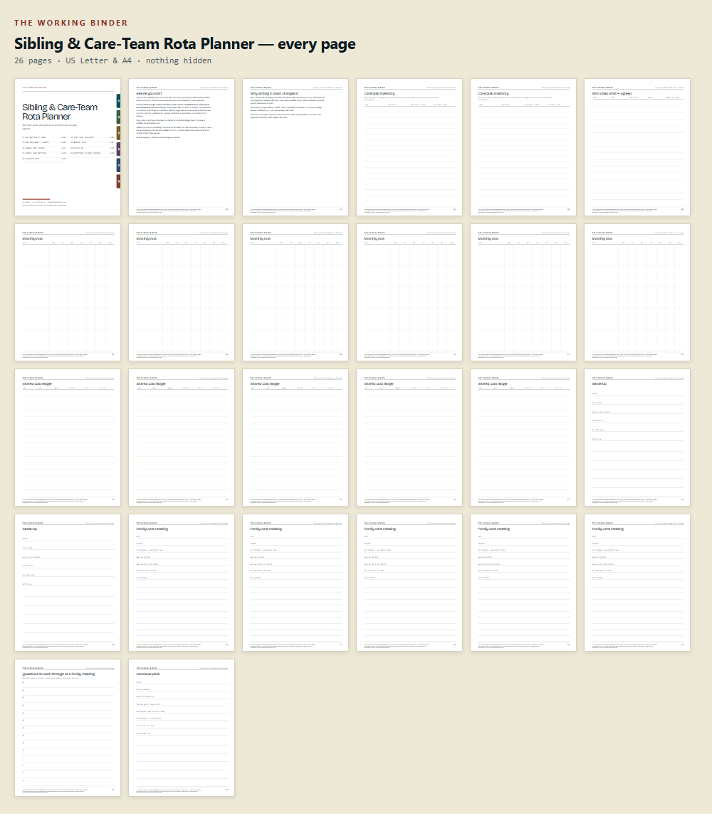 Every page of Sibling & Care-Team Rota Planner, shown as thumbnails
